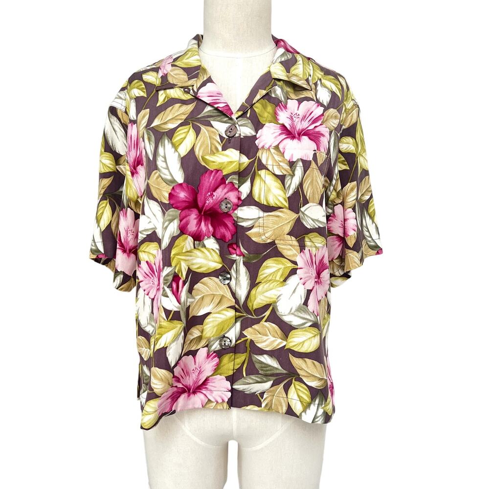 Tommy Bahama Vintage Floral Tropical 100% Silk Button Down Shirt Medium